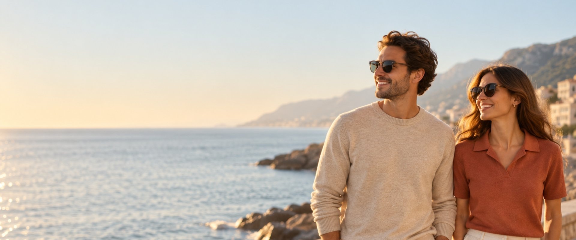 Two people in a knit sweater and knit polo walking along a seaside promenade