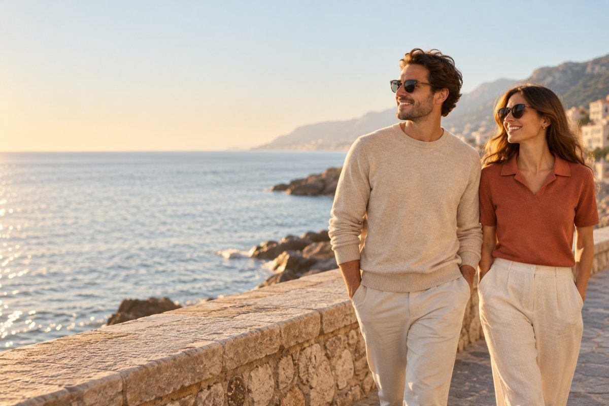 Two people in a knit sweater and knit polo walking along a seaside promenade